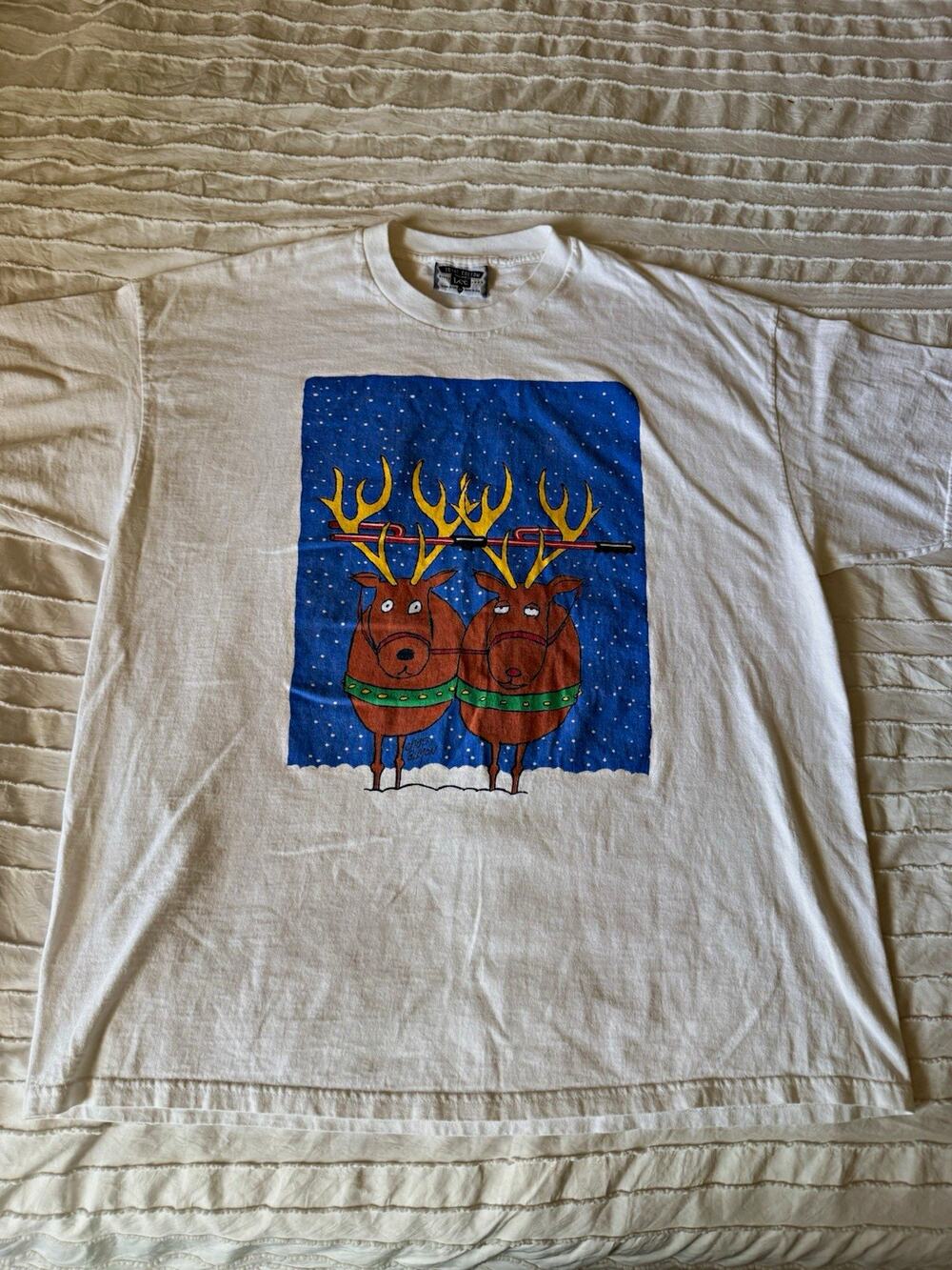 Vintage Lee Total Cotton Mens XL Christmas Reindeer Graphic Tee Crewneck Cotton